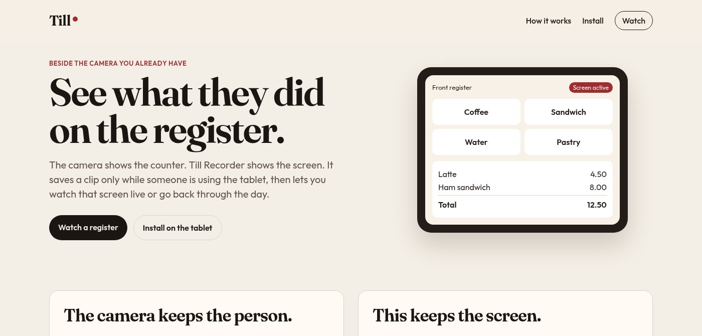 Till Recorder website showing a point-of-sale register screen with the current sale